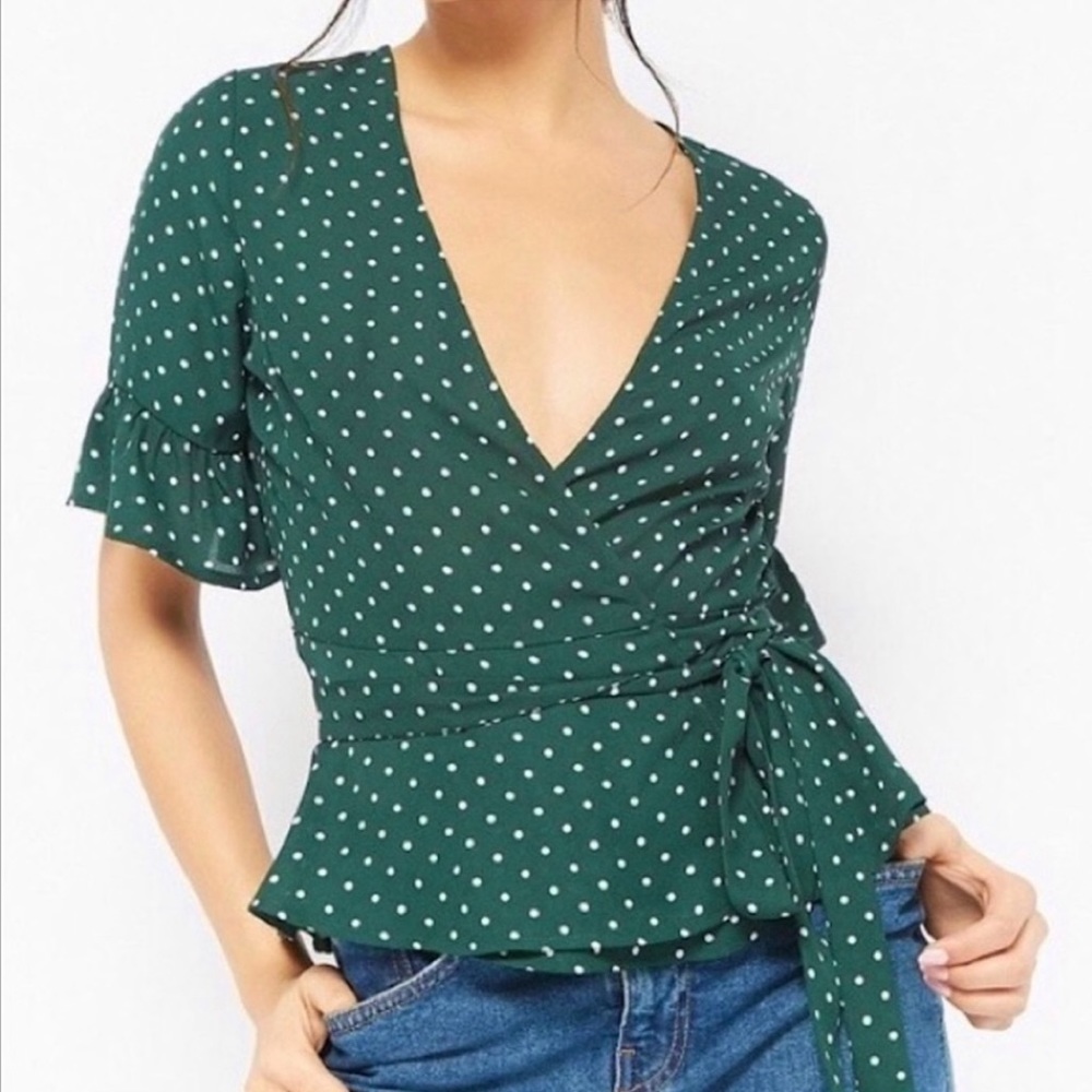 Greek Polka Dot Tie Wrap Blouse size Medium
